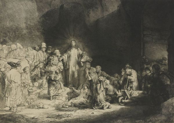 «Христос, исцеляющий больных» или «Лист в сто гульденов» (1643—1649). Гравюра художника, существующая в двух состояниях, первое из которых — очень редкое, есть всего лишь несколько экземпляров. Офорт, на котором изображено более 40 персонажей, считается одним из лучших у Рембрандта.