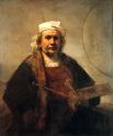«Автопортрет» (1665). Создавая эту картину, Рембрандт отказался от театральных приемов, свойственных его ранним автопортретам, и изобразил себя очень просто. Значение двух кругов на стене до сих пор не выяснено и остается предметом нескончаемых споров. 