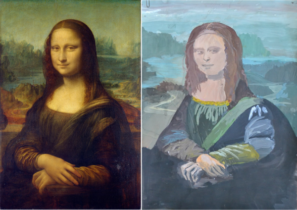 Знаменитая «Мона Лиза» Леонардо да Винчи и нарисованная с нее картина в исполнении Софии Степаненко, 9 лет.