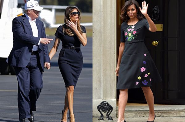 И если у супруги Трампа платье более классическое, то у жены Обамы такой цвет платья еще и сопровождается красочными принтами