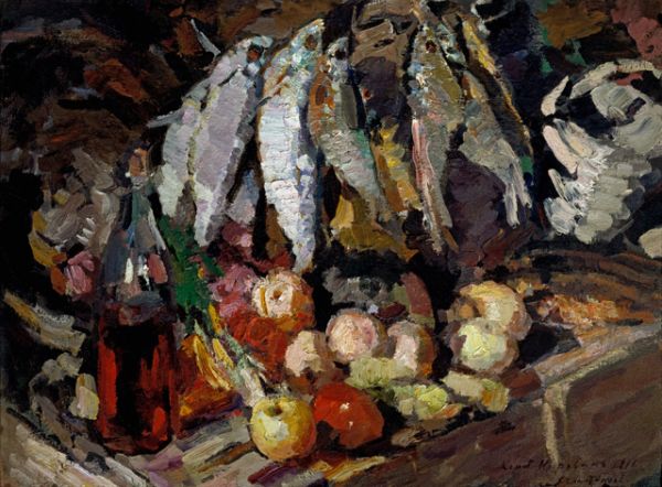 «Рыбы, вино и фрукты» (1916) — один из так называемых ночных натюрмортов Коровина. Художника привлекла экзотическая красота искусственного освещения, усиливающая декоративное звучание цветов.