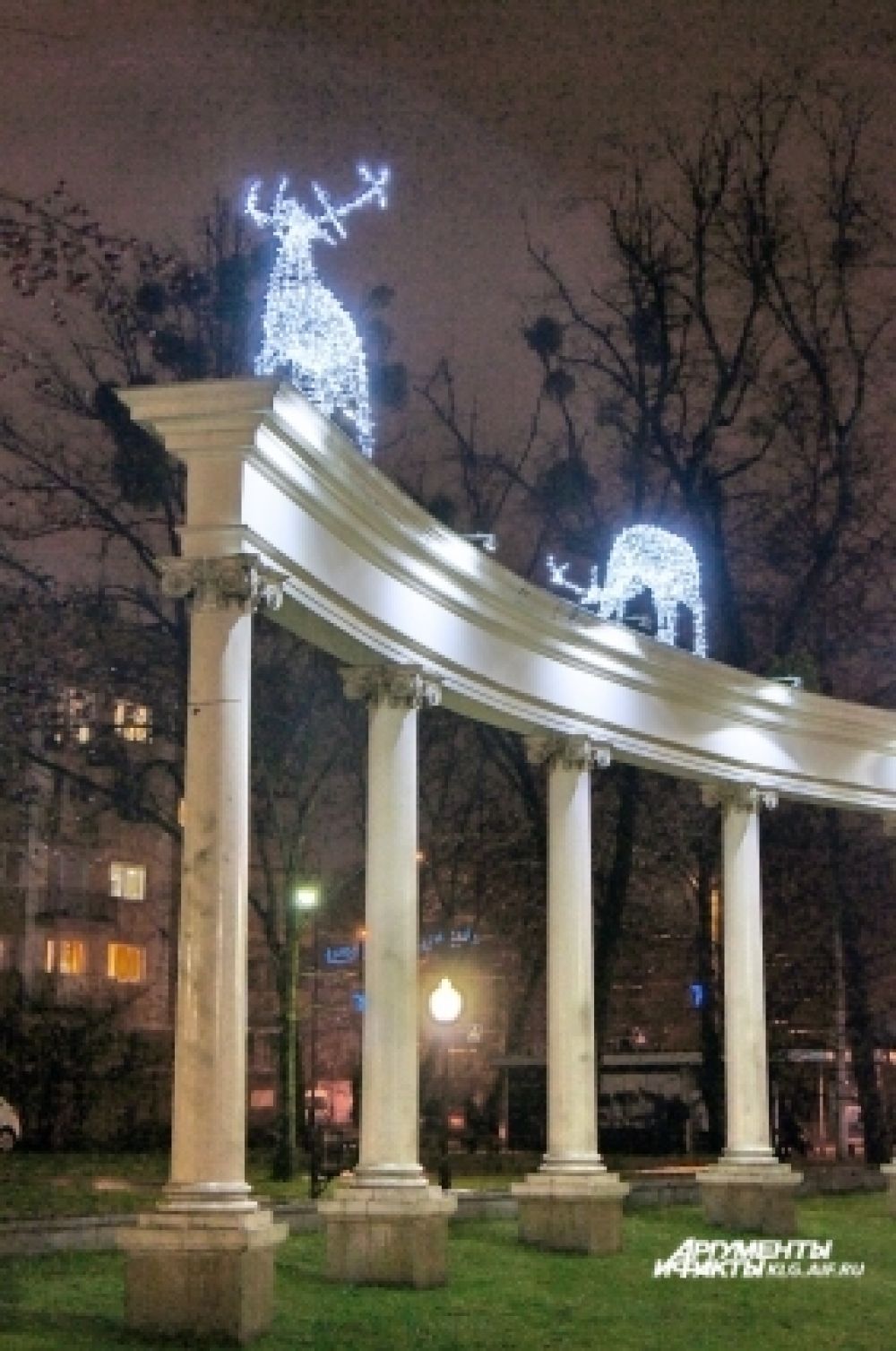 Светящиеся олени «приземлились» на арке у Драмтеатра.
