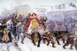 Василий Иванович Суриков. Большой маскарад в 1722 году на улицах Москвы с участием Петра I и князя-кесаря И. Ф. Ромодановского. 1900.
