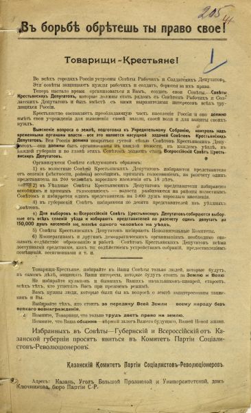 Листовка Казанского комитета партии социалистов-революционеров с призывом создания Советов крестьянских депутатов 1917 г.