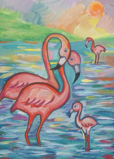«Розовые фламинго с птенцами»