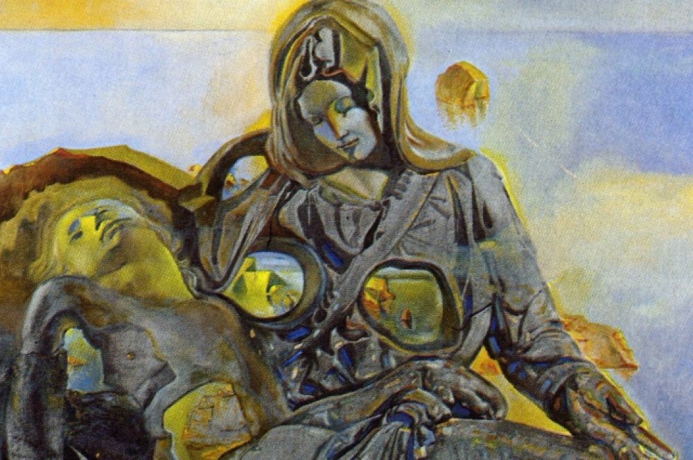 «Геологическое Эхо. Пьета». В картине Дали встраивает фигуры Девы Марии и Христа в скалистый пейзаж залива Кадакеса, как будто пытаясь найти божественное в земном.