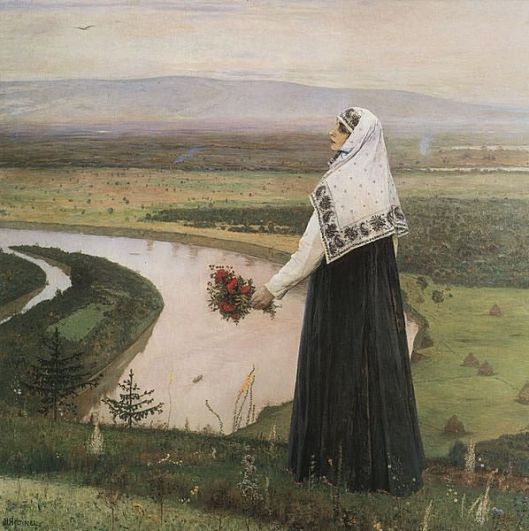 В своё время на Нестерова очень сильное впечатление произвели романы Мельникова-Печерского, посвящённые жизни старообрядцев. С этим увлечением связан цикл картин, главной темой которых является судьба русской женщины. Первой картиной цикла стала работа «На горах» (1896). 