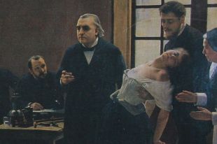 Шарко читает лекцию об истерии. Женщину поддерживает ученик Шарко Жозеф Бабинский.