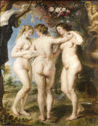 «Три грации» (1638). Героини картины – античные грации, двигающиеся в плавном танце. Известно, что грацию слева, художник рисовал с натуры. Это уже знакомая нам Елена Фурман.