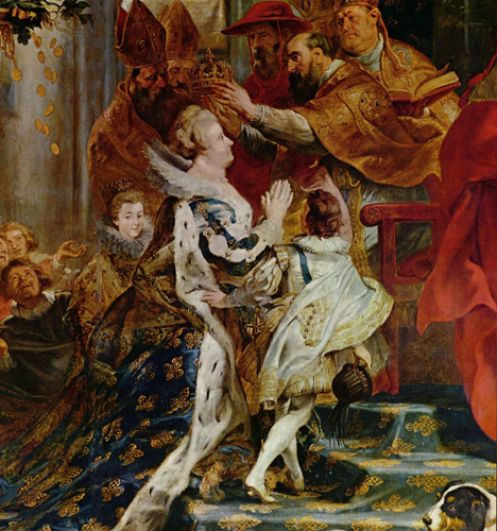 В 1622 году Рубенса вызвала в Париж наслышанная о его славе вдовствующая королева Мария Медичи. Ему было поручено заполнить картинами из её жизни два длинных коридора в Люксембургском дворце. Над исполнением этого заказа Рубенс работал в Антверпене два года. «Коронация Марии Медичи», 1625.