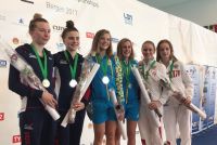 Победители и призеры первенства Европы в синхронных прыжках с вышки среди девушек.