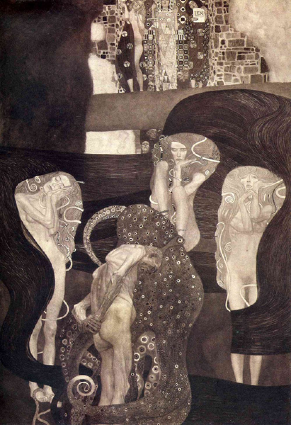 «Юриспруденция», 1899–1907 годы. В 1894 году Климт получил заказ на создание трёх картин для украшения потолка большого актового зала главного здания Венского университета. Аллегорические работы «Философия», «Медицина» и «Юриспруденция», известные как «факультетские», были закончены к 1900 году, однако во время Второй мировой они сгорели.