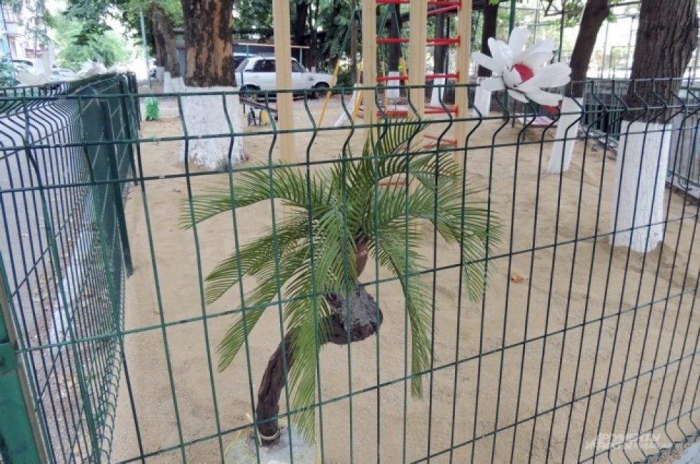 Самодельная искусственная пальма на детской площадке (ул. Московская, 84).