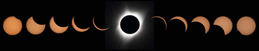 Коллаж из одиннадцати фото показывает прогрессию затмения от Линкольн-Бич, штат Орегон, до Чарлстон, Южная Каролина в США.