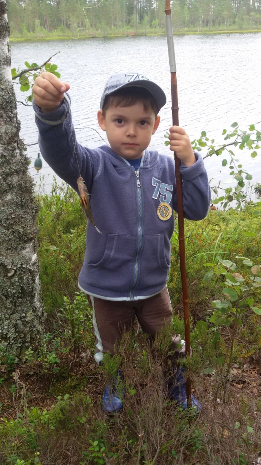 «Мой первый в жизни улов!». Направляем на конкурс фотографию моего 5-летнего сына Дмитрия, который в прошлом году поймал свою первую рыбу, окуня, на озере в поселке Лейпясуо.