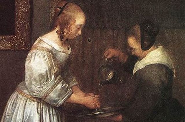 Герард Терборх. Дама, моющая руки. Вторая треть 17 века. Фрагмент.