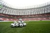 Официальный мяч чемпионата мира 2018 по футболу на поле большой спортивной арены «Лужники» в Москве.