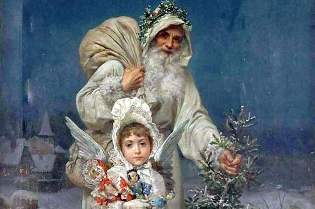 Старинная открытка с Дедом Морозом и Снегурочкой.