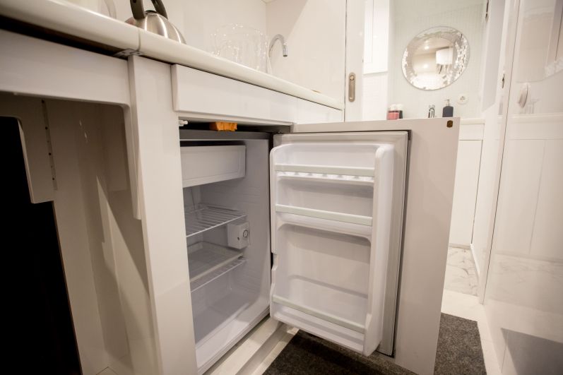 Туристы, проживающие в мобильном доме, смогут не беспокоиться за сохранность еды - ее можно хранить в компактном холодильнике.