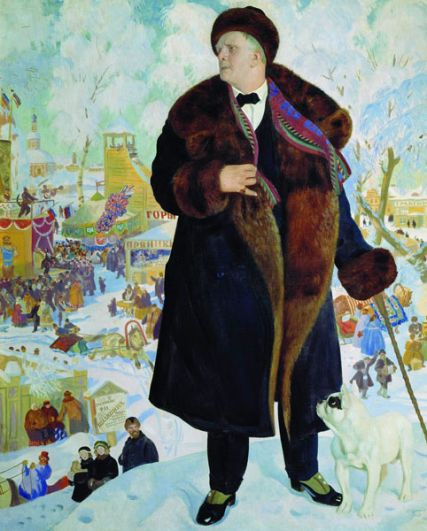 Уже с начала 1900-х годов Борис Михайлович разрабатывал собственный жанр портрета: портрета-картины, в котором модель связана с окружающим ее пейзажем или интерьером. «Портрет Шаляпина» (1921).