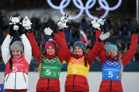 Призеры эстафетной лыжной гонки (слева направо): Наталья Непряева, Юлия Белорукова, Анастасия Седова и Анна Нечаевская.