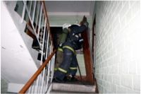 Пожарные зашли в подъезд и поднялись на 3 этаж к квартире, из-под двери которой шел густой черный дым.