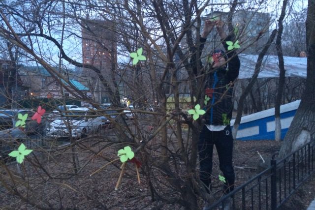Пока на холодной земле цветы не распустились, жители Владивостока сами украсили деревья.