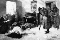 Картина Моисея Маймона «Опять на родине» (1906). Солдат-еврей обнаруживает свою семью убитой в результате погрома.