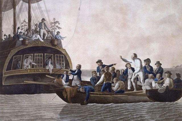 «Мятежники высаживают из „Баунти“ капитана Блая и часть команды в шлюпку. 28 апреля 1789 года». Картина Роберта Додда.