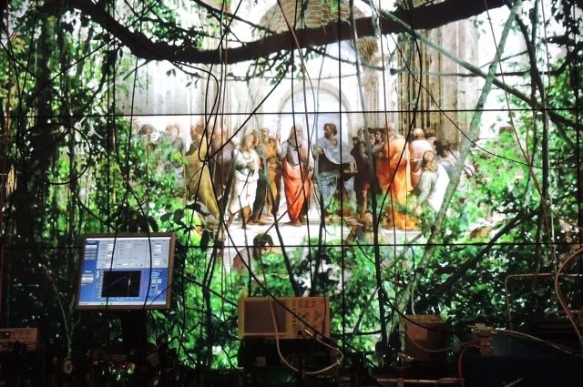 Работа "Репортаж из XXI века" переносит зрителей в высокотехнологичные джунгли.