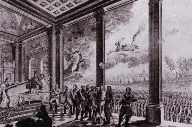 Эксгумация Петра III. Аллегорическая гравюра Николая Анселена.