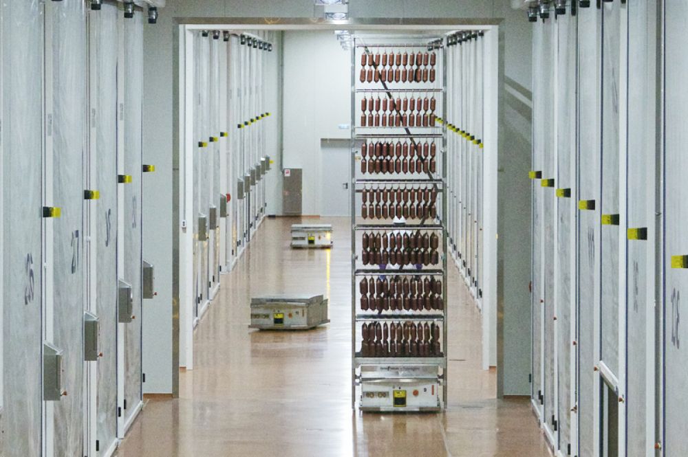 Небольшие с виду роботы легко справляются с рамой, которая весит 1 т. А на обычном заводе на подобной раме помещается только 200 кг колбасы.