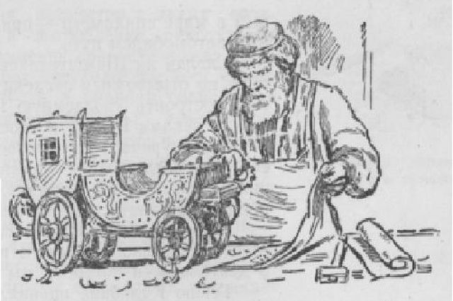 Леонтий Шамшуренков с моделью самобеглой коляски. Рисунок неизвестного автора.
