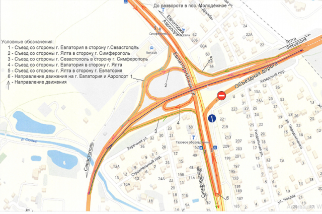 Схема организации движения транспорта на строительстве транспортной развязки на Объездной над Евпаторийским шоссе в Симферополе.