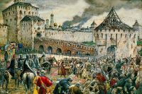 4 ноября 1612 года капитулировал вражеский польский гарнизон, занимавший Москву. Картина «Изгнание поляков из Кремля». Художник Эрнест Лисснер.