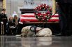Салли — служебная собака бывшего президента Джорджа Буша-старшего лежит перед его гробом в Капитолии США в Вашингтоне.