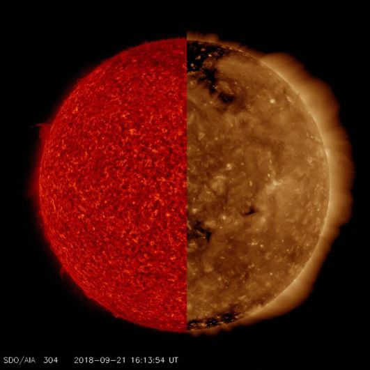 Два снимка Солнца, снятые на разной длине волны ультрафиолетового излучения. Такие наблюдения позволяют обнаружить разные особенности звезды, которые заметны в одних условиях и невидимы в других.