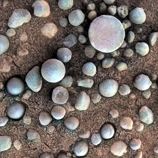 «Марсианская черника» (гематитовые шарики) на скалистом обнажении в кратере Игл.