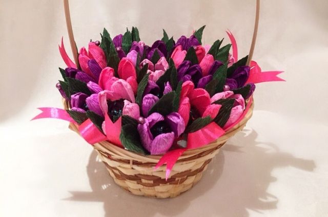Композиция «Корзина с цветами из конфет»
