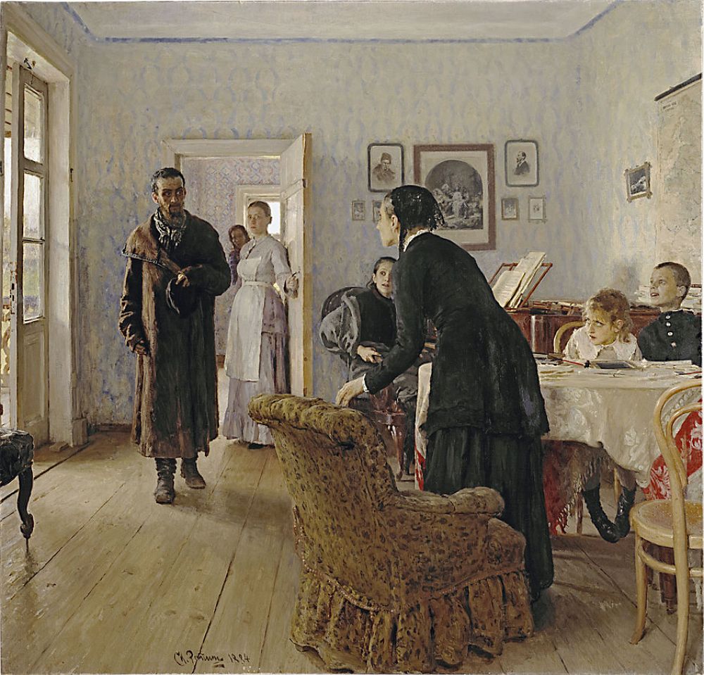 «Не ждали» (1888). История этого произведения началась с небольшой картины. На ней была изображена молодая курсистка, возвращающаяся домой после длительного отсутствия. Позже, развивая тему, художник заменил девушку мужчиной, «блудным сыном», которого встречает пожилая мать.