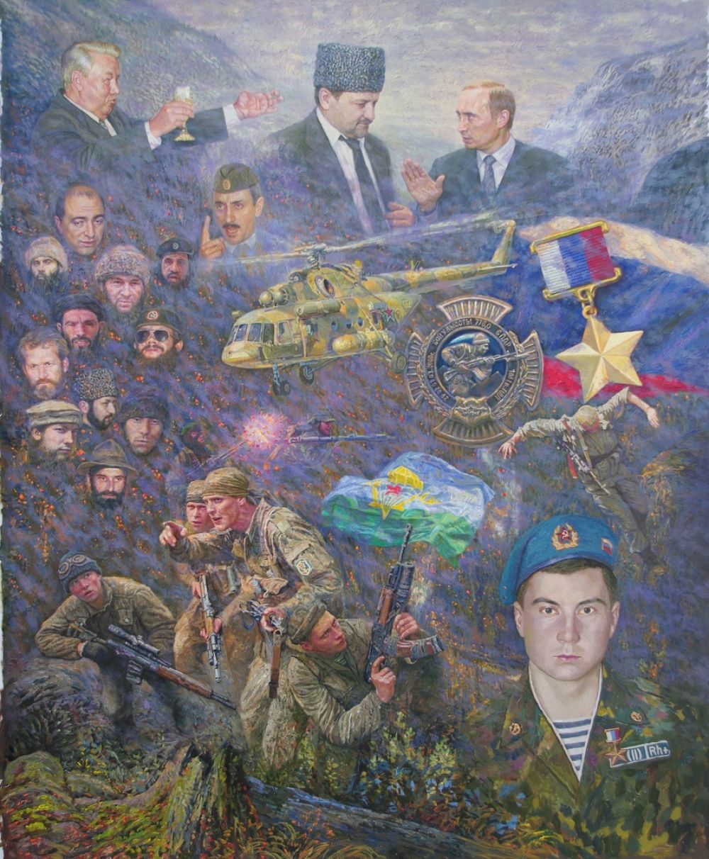 Герой России Александр Супонинский. Событие в Аргунском ущелье Чечни, март 2000 года. Холст, масло. 90 см х 75 см.