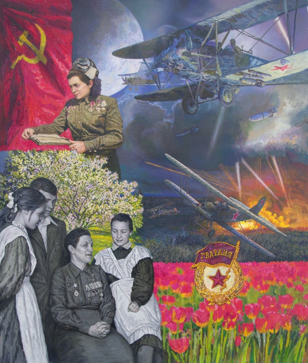 Герой Советского Союза Магуба Сыртланова (1912—1971) — гвардии старший лейтенант, заместитель командира эскадрильи 46-го гвардейского Таманского женского авиационного полка ночных бомбардировщиков. Холст, масло. 80 см х 70 см.