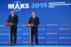 Президент РФ Владимир Путин и президент Турции Реджеп Тайип Эрдоган на открытии Международного авиакосмического салона МАКС-2019.