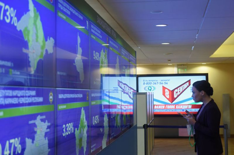 Инфоэкран хода голосования на выборах в Мосгордуму в информационном центре ЦИК России в единый день голосования 8 сентября 2019 года.