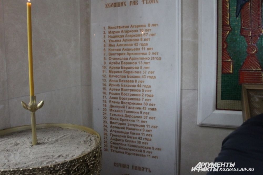 Внутри часовни на стенах установлены плиты с именами всех погибших в пожаре.