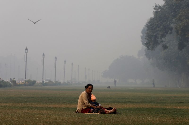 Женщина с ребенком в парке возле монумента «Ворота Индии» в Нью-Дели.