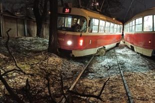 В Киеве трамвай сошел с рельсов и врезался в дерево