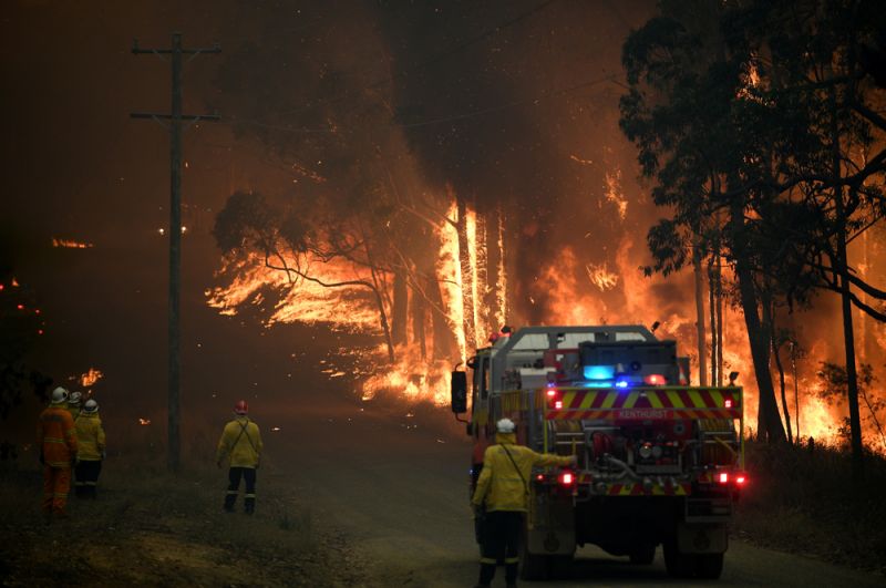 Бригада пожарных борется с огнем на Уиллбарроу Ридж-роуд к северо-западу от Сиднея.
