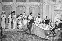 Заключение мирного договора между Российской империей и Персией (Ираном) в Туркманчае (второй справа — Александр Грибоедов), 31 декабря 1828 г.