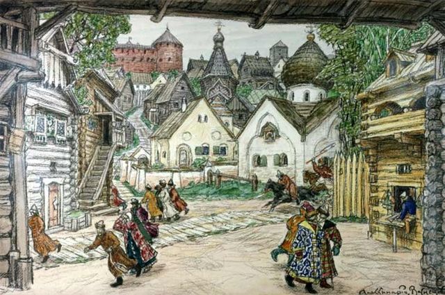 Опричники въезжают в город. Рисунок А. М. Васнецова (эскиз декорации к опере П. И. Чайковского «Опричник»), 1911 г.